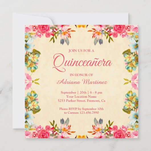 エレガントヴィンテージピンクフローラプリンセスキンセアニェラ 招待状 (裏面)