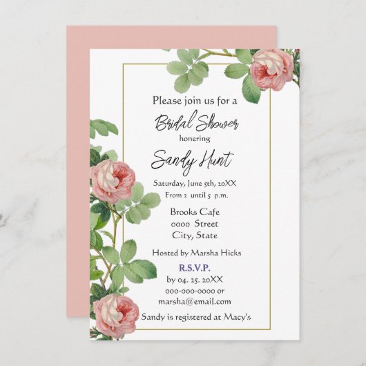 エレガントヴィンテージピンクローズフローラブライダルシャワー 招待状 (正面/裏面)