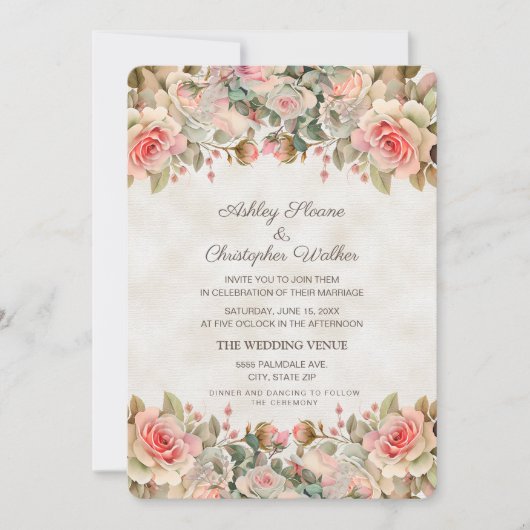 エレガントヴィンテージピンクローズ結婚ズ 招待状 (正面)