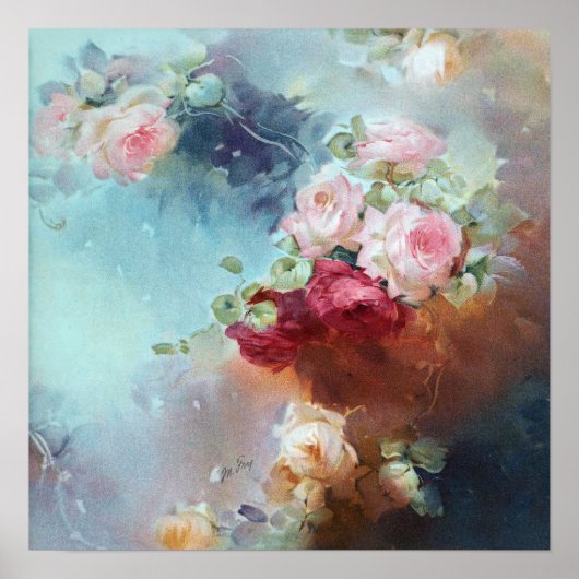 エレガントヴィンテージピンクローゼズウォーター絵画カラー ポスター (正面)