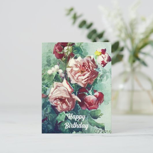 エレガントヴィンテージピンクローゼズウォーター絵画カラー ポストカード (スタンド正面)