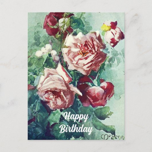 エレガントヴィンテージピンクローゼズウォーター絵画カラー ポストカード (正面)