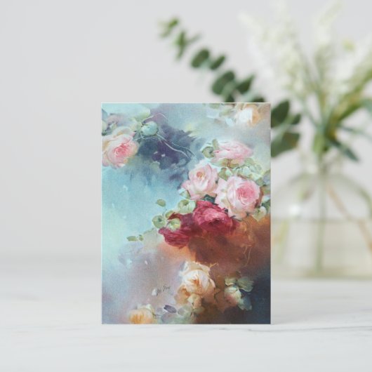 エレガントヴィンテージピンクローゼズウォーター絵画カラー ポストカード (スタンド正面)