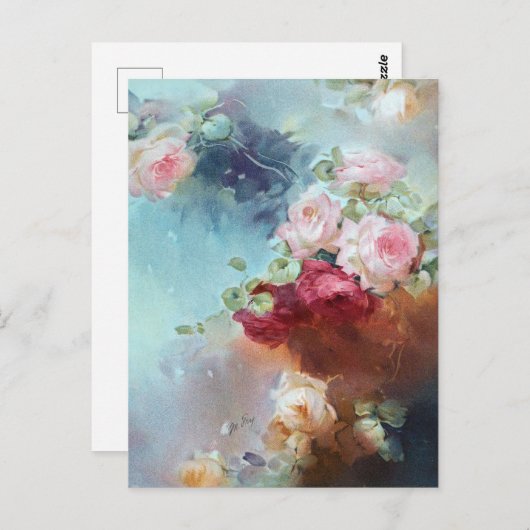 エレガントヴィンテージピンクローゼズウォーター絵画カラー ポストカード (正面/裏面)