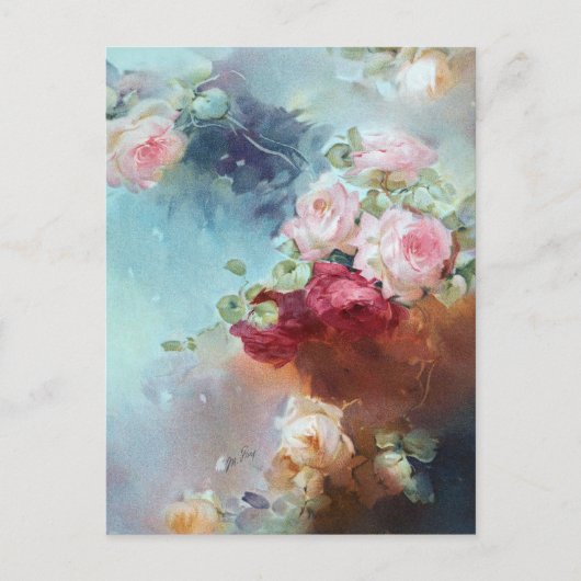 エレガントヴィンテージピンクローゼズウォーター絵画カラー ポストカード (正面)