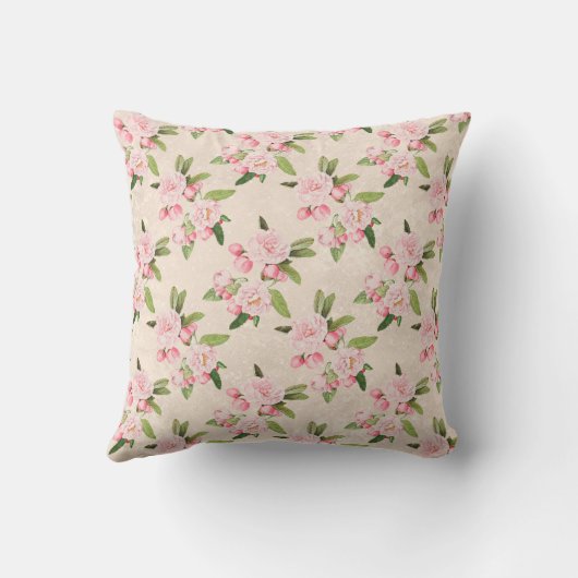 エレガントヴィンテージピンク花グリーン葉タン クッション (裏面)