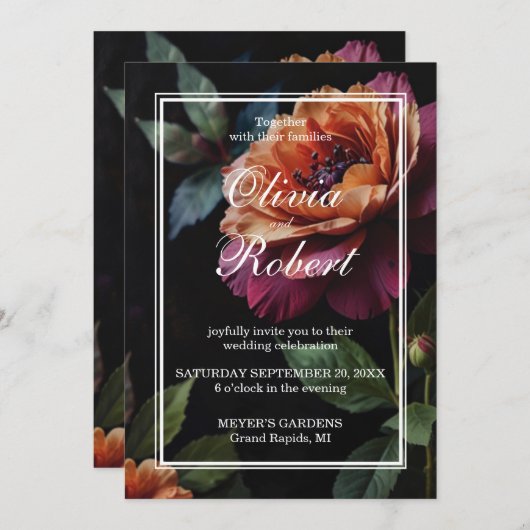 エレガントヴィンテージピーチ赤フローラムーディ結婚ー 招待状 (正面/裏面)