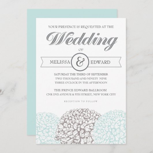 エレガントヴィンテージフラワーアクア結婚式招待状 招待状 (正面/裏面)