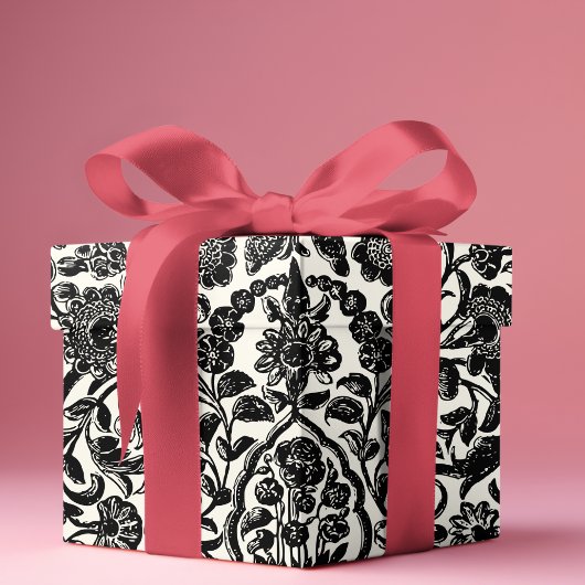 エレガントヴィンテージフランスの彫刻フローラトイルブラック ラッピングペーパー