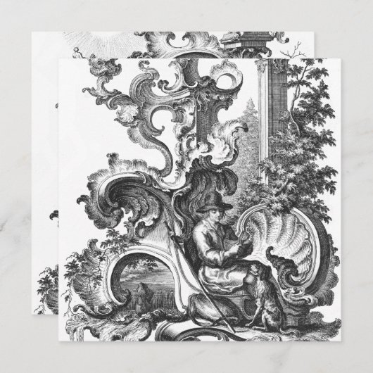 エレガントヴィンテージフランスの白黒トイル 招待状 (正面/裏面)