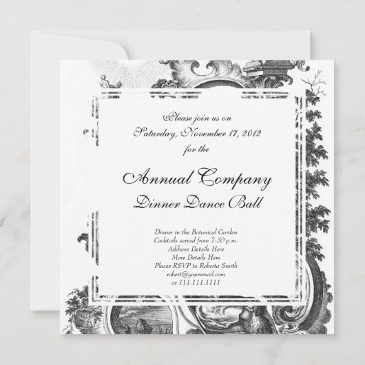 エレガントヴィンテージフランスの白黒トイル 招待状 (裏面)