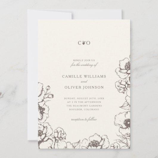 エレガントヴィンテージフローライニシャル庭園の結婚式 招待状 (正面)
