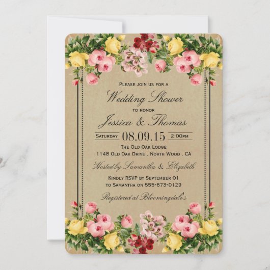 エレガントヴィンテージフローラウェディングシャワー招待状 招待状 (正面)
