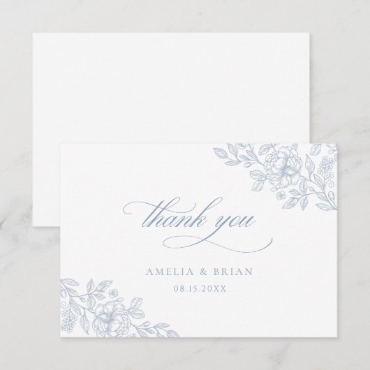 エレガントヴィンテージフローラダスティブルースクリ結婚プト サンキューカード (正面/裏面)