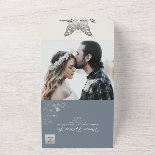 エレガントヴィンテージフローラダスティブルー結婚ズ オールインワン招待状 (外側)