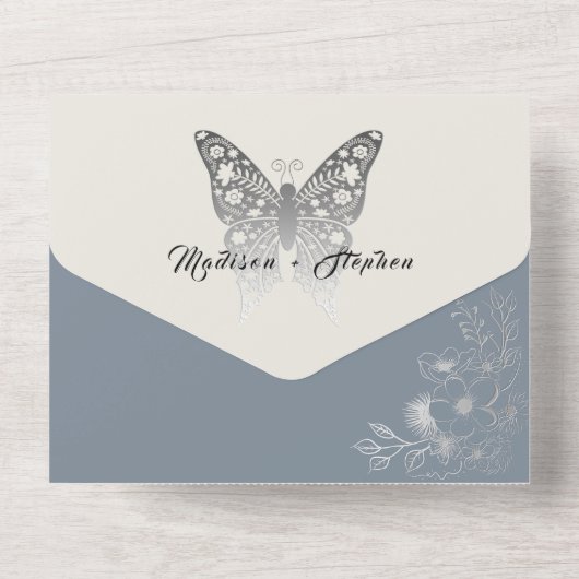 エレガントヴィンテージフローラダスティブルー結婚ズ オールインワン招待状 (裏面)