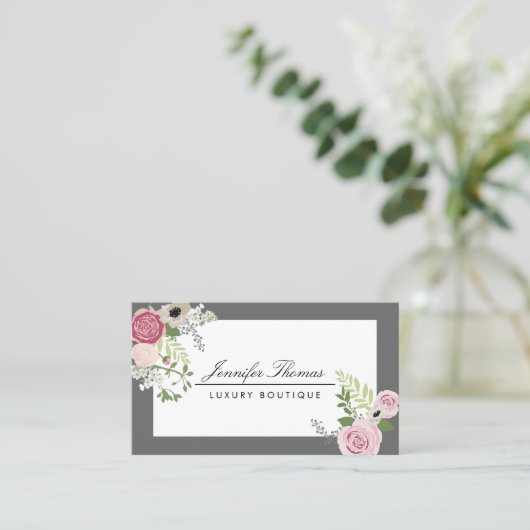 エレガントヴィンテージフローラデザイン白/グレー 名刺 (スタンド正面)