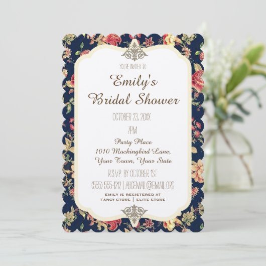 エレガントヴィンテージフローラバラブルーブライダルシャワー 招待状 (スタンド正面)