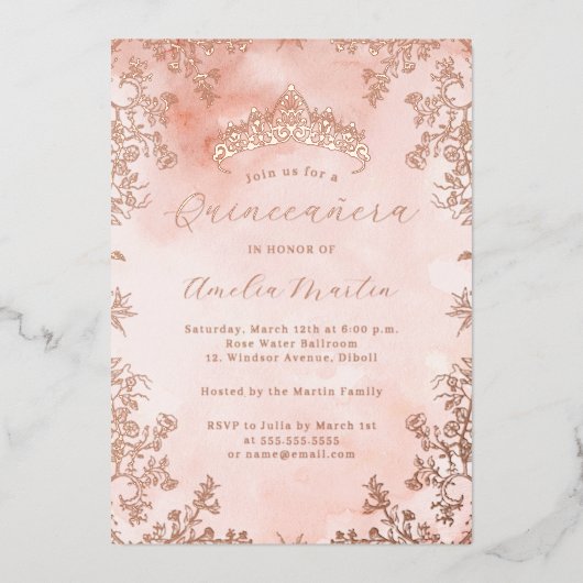 エレガントヴィンテージフローラバラ金ゴールドキンセアニェラ 箔招待状 (正面)