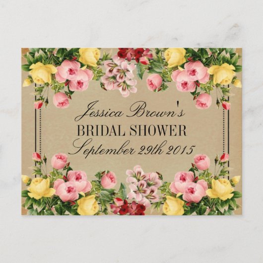 エレガントヴィンテージフローラブライダルシャワーレシピカード インビテーションポストカード (正面)