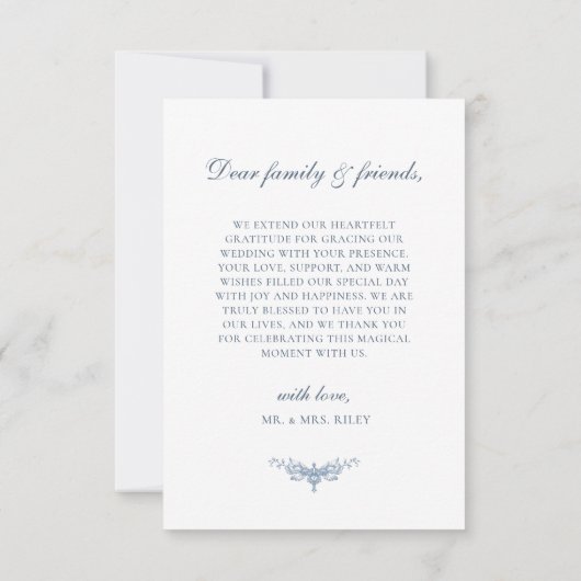 エレガントヴィンテージフローラブルーフォト結婚ズ サンキューカード (裏面)