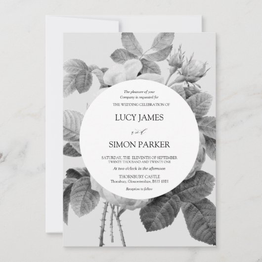 エレガントヴィンテージフローラモノクロバラ 招待状 (正面)