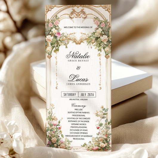 エレガントヴィンテージフローラ及び金ゴールド結婚式 プログラム