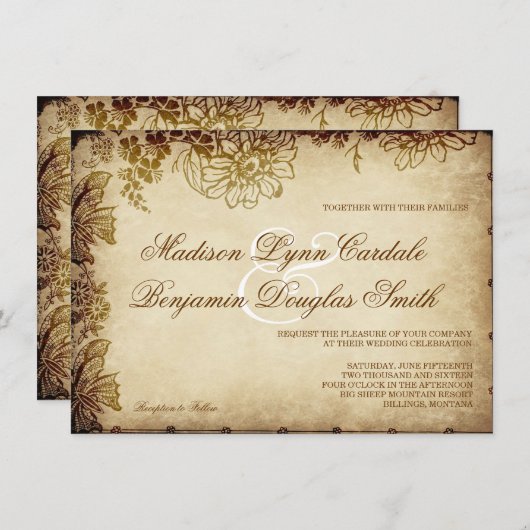 エレガントヴィンテージフローラ素朴結婚式招待状 招待状 (正面/裏面)