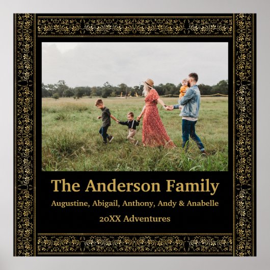 エレガントヴィンテージブラックおよび金ゴールドフローラフレーム写真 ポスター (正面)
