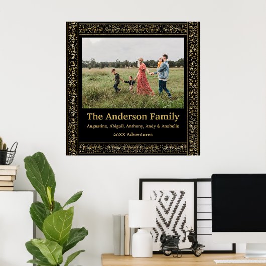 エレガントヴィンテージブラックおよび金ゴールドフローラフレーム写真 ポスター (ホームオフィス)