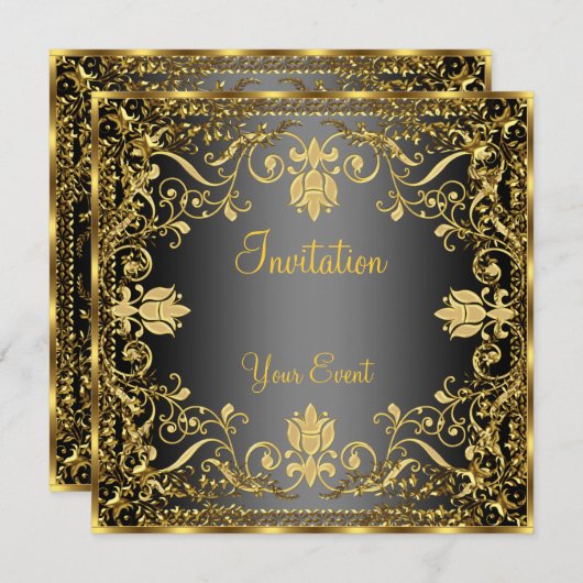 エレガントヴィンテージブラックと金ゴールド招待状 招待状 (正面/裏面)