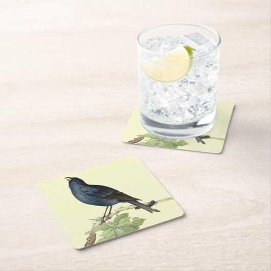 エレガントヴィンテージブラックバードイエロー スクエアペーパーコースター (インサイチュ)