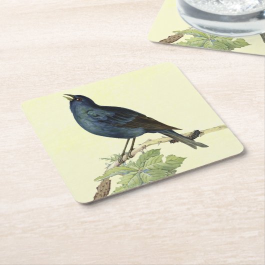 エレガントヴィンテージブラックバードイエロー スクエアペーパーコースター (アングル)