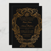 エレガントヴィンテージブラック金ゴールドフレームイ結婚スラーム 招待状 (正面/裏面)