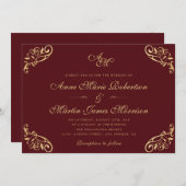 エレガントヴィンテージブルゴーニュフェイクード結婚金ゴールド 招待状 (正面/裏面)
