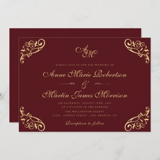 エレガントヴィンテージブルゴーニュフェイクード結婚金ゴールド 招待状 (正面/裏面)