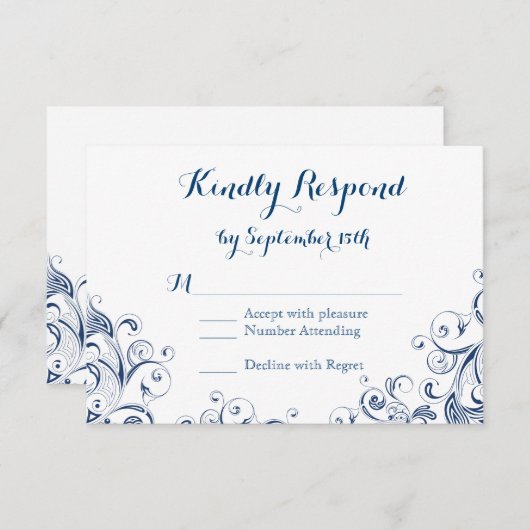 エレガントヴィンテージブルーの華やかな結婚式の出欠確認カード 出欠カード (正面/裏面)