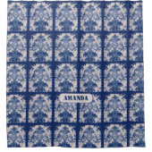 エレガントヴィンテージブルーダマスク反復パターン シャワーカーテン (正面)