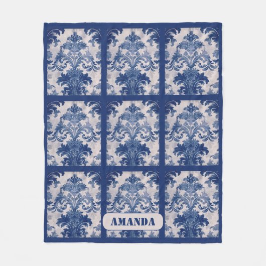エレガントヴィンテージブルーダマスク反復パターン フリースブランケット (正面)