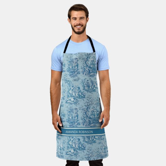 エレガントヴィンテージブルーティール（緑がかった色）トワール・ド・ジュイ印刷 エプロン (着用した状態)