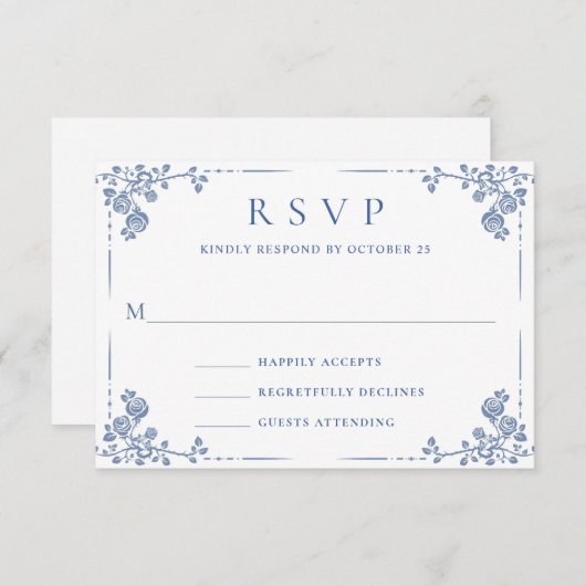 エレガントヴィンテージブルーフランスのガーデン結婚フローラ 出欠カード (正面/裏面)