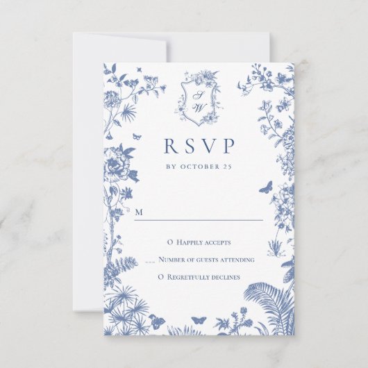 エレガントヴィンテージブルーフランスのガーデン結婚フローラ 出欠カード (正面)