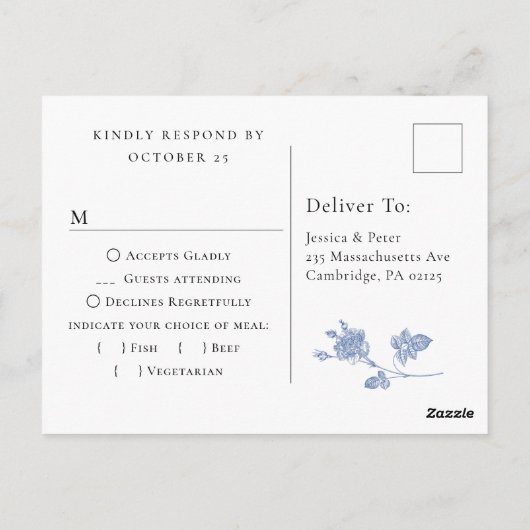 エレガントヴィンテージブルーフランスの庭園の結婚式RSVP ポストカード (裏面)