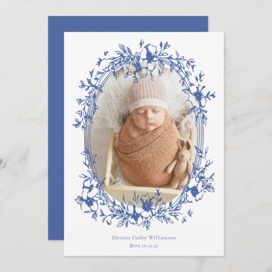 エレガントヴィンテージブルーフレームフォトベビー誕生 案内状 (正面/裏面)