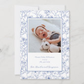 エレガントヴィンテージブルーフローラフォトベビー誕生 案内状 (正面)