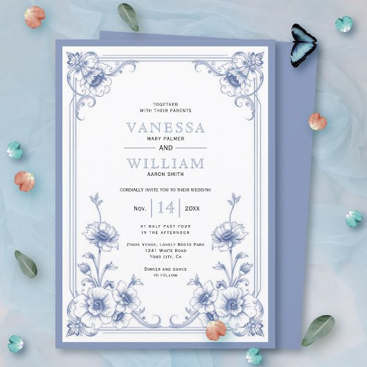 エレガントヴィンテージブルーフローラフレ結婚ーム 招待状