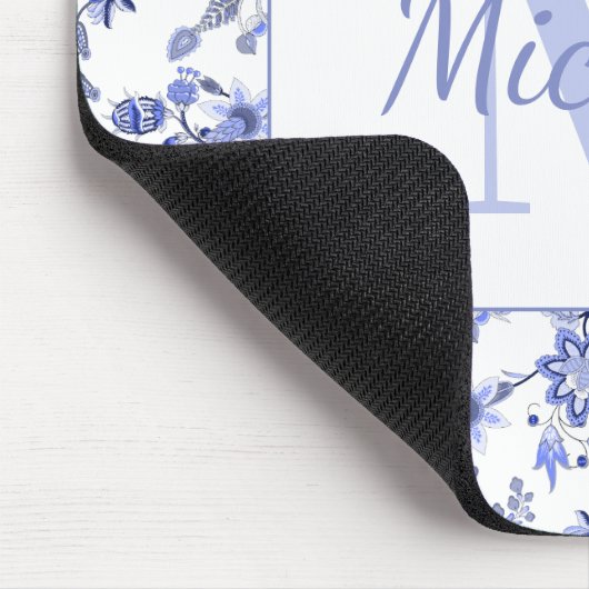 エレガントヴィンテージブルーフローラホワイトモノグラム名 マウスパッド (コーナー)