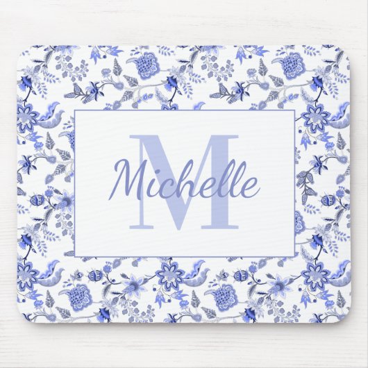 エレガントヴィンテージブルーフローラホワイトモノグラム名 マウスパッド (正面)