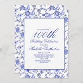 エレガントヴィンテージブルーフローラ100th誕生日女性 招待状 (正面/裏面)