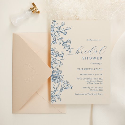 エレガントヴィンテージブルーベージュブライダルシャワー 招待状